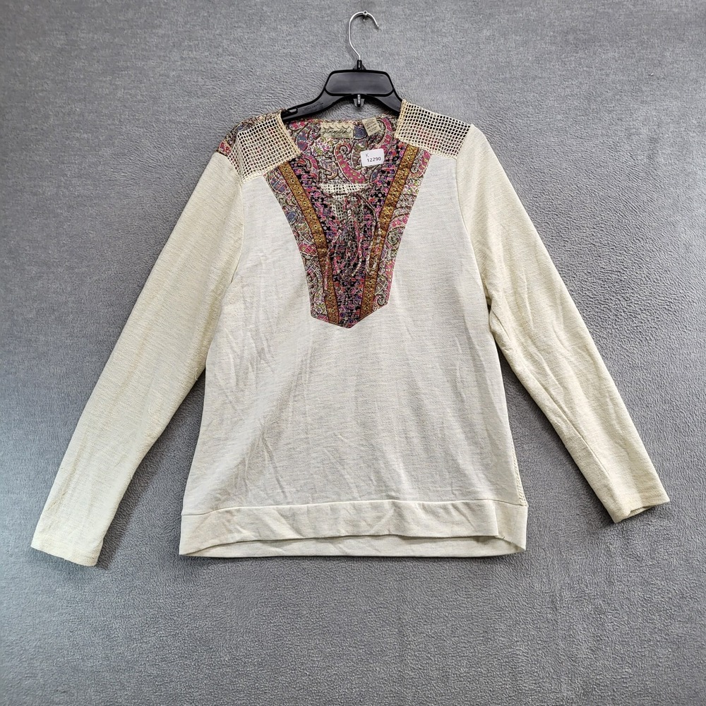 Gimmicks by BKE Women Top Large Cream Blouse Boho Embellished Pullover